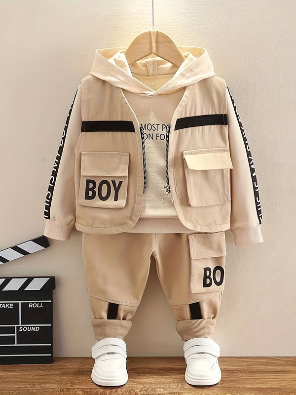 Boys Autumn Clothing Set, New Autumn Fashionable Vest Sweatshirt Three-Piece.