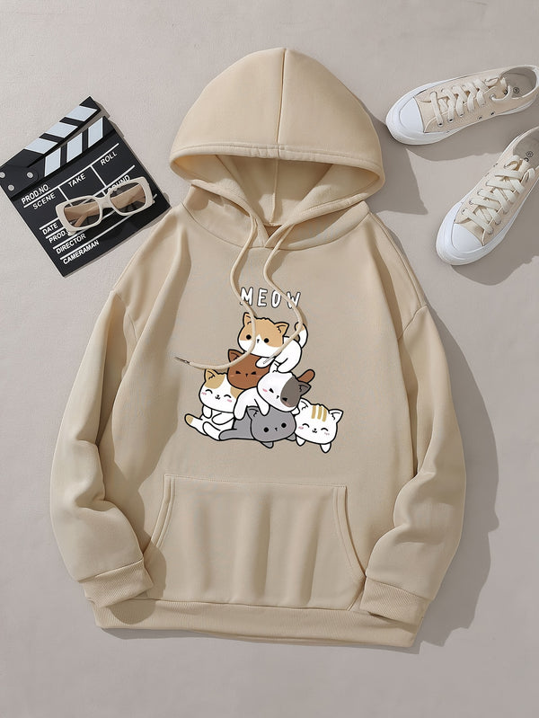 Fashion Hoodie for Women Featuring a Cartoon Cat Letter Print Design.