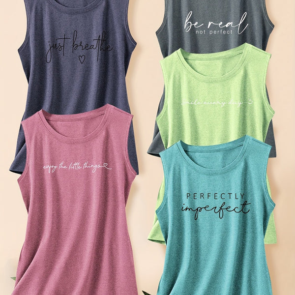 5pcs Women's Vest Tops with English Letter Print.