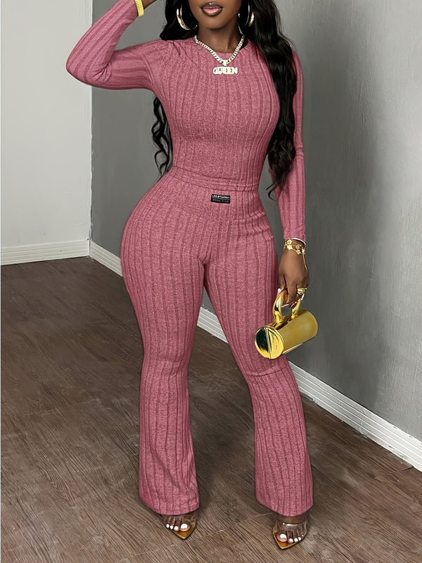 Women's Slim-Fit Round Neck Long-Sleeve T-Shirt and Vertical Stripe Pants.