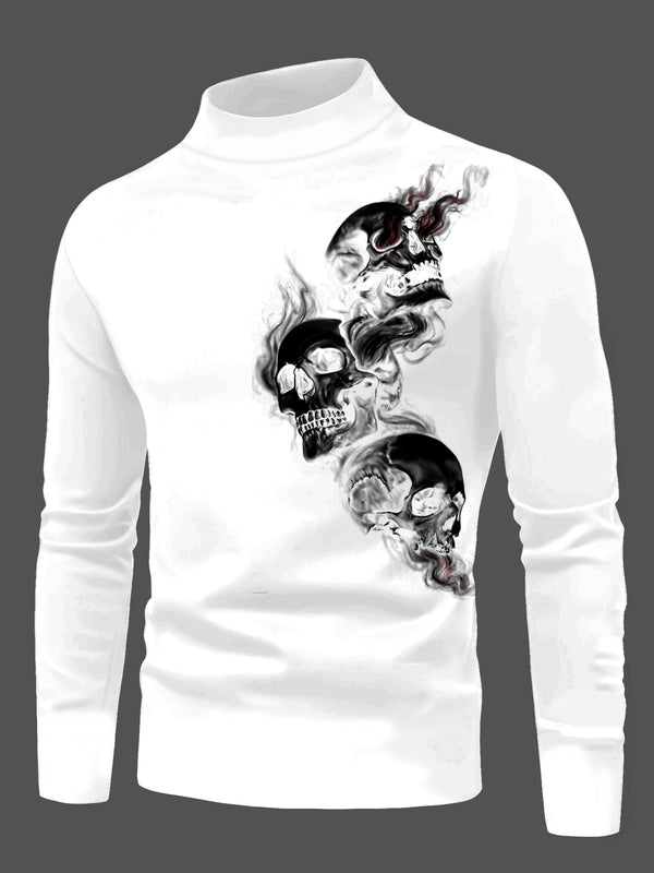 Men's Fall Three Skull Print Casual Comfort Long Sleeve Crew Neck T-Shirt.