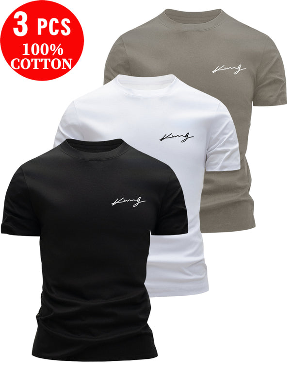 3pcs Cotton T-Shirts, Men's Crew Neck Short Sleeve Tees.