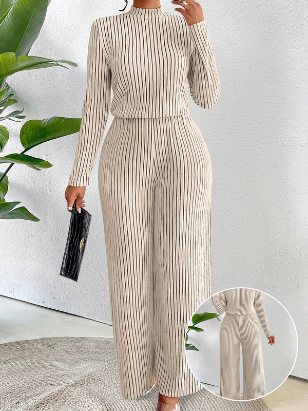 Women's Casual Elegant Long Sleeve Wide Leg Body Suit with Clavicle Collar.