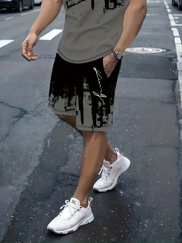 Men's New Round Neck Casual T-Shirt and Shorts Set.