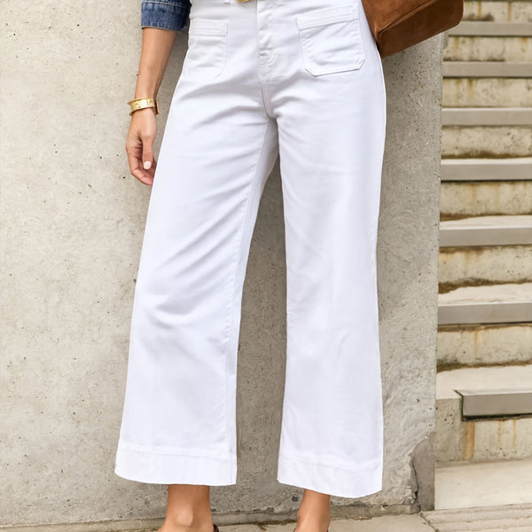 Women's New Summer Stretch Wide-Leg Cropped White Jeans.
