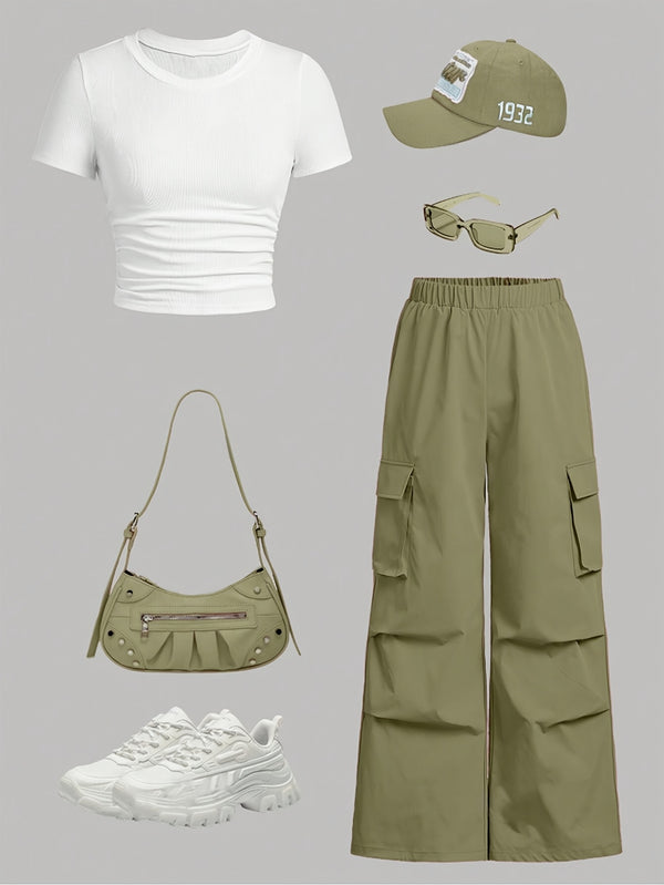 Directional Round Neck Short Sleeve T-Shirt and Work Pants Set.
