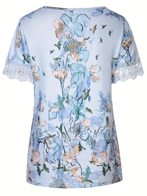 Women's Elegant Floral Print Contrast Lace Trim Round Neck T-Shirt.