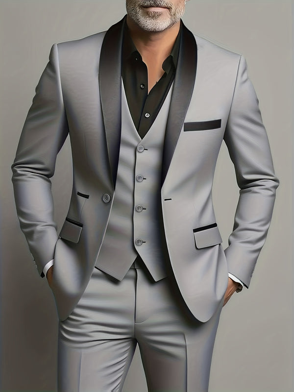 Men's 3pcs Wedding Suit Set - Slim Fit Business Suit Jacket + Single-Breasted Vest.
