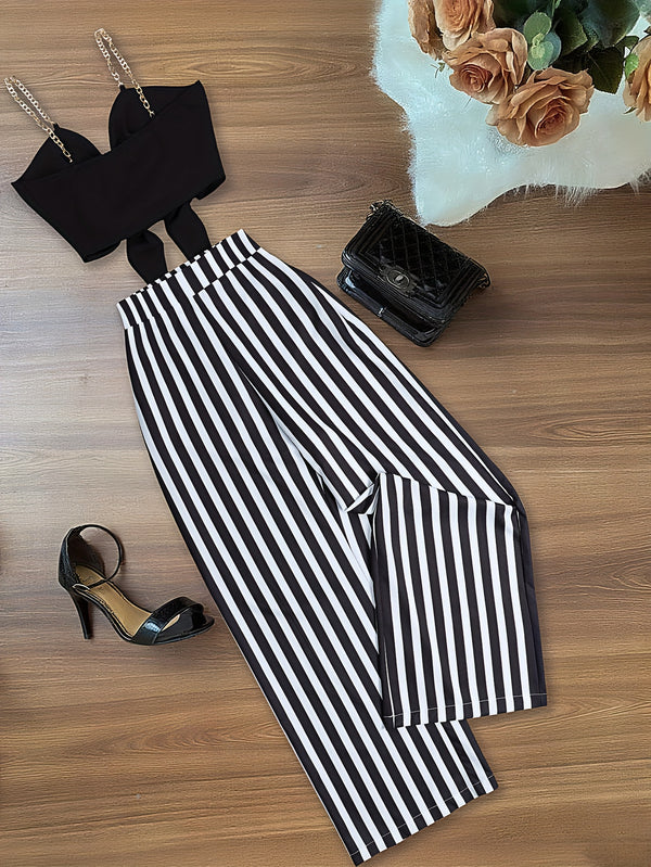 2pcs Women’s Elegant Black Tie-Up Camisole And Black And White Striped Wide-Leg Pants.