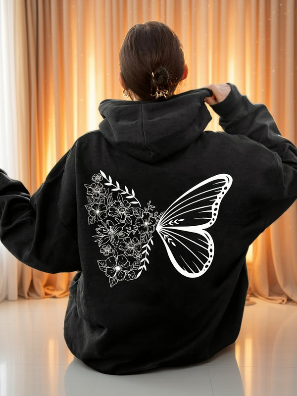 Women's Casual Black Hoodie with Exquisite Butterfly and Floral Design.
