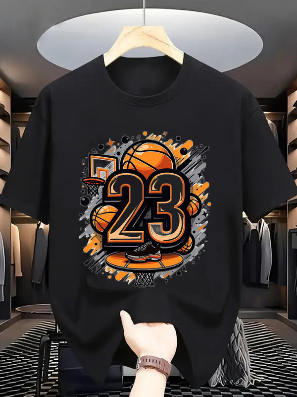 Men's Summer Casual T-Shirt with Vibrant Basketball Graphic Print.