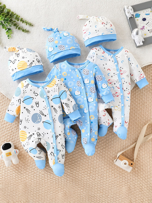 A Set of Three Cute Cartoon-Patterned Footed Onesies with Hats.