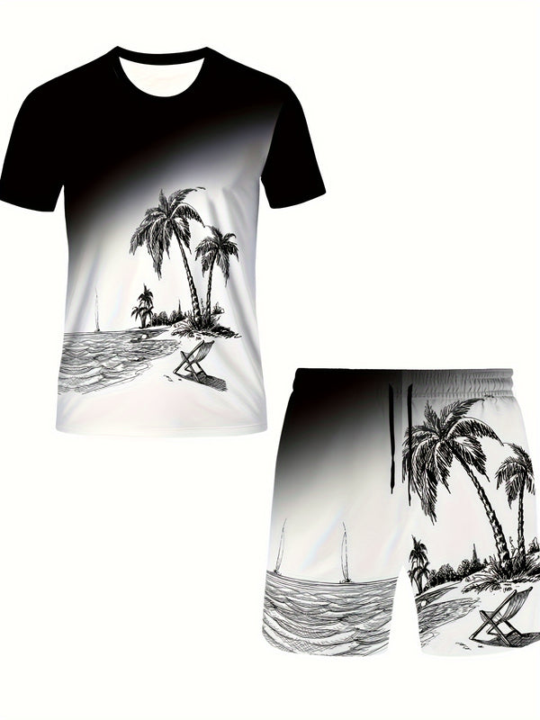 Men’s Black & White Botanical Print T-Shirt and Shorts Set.