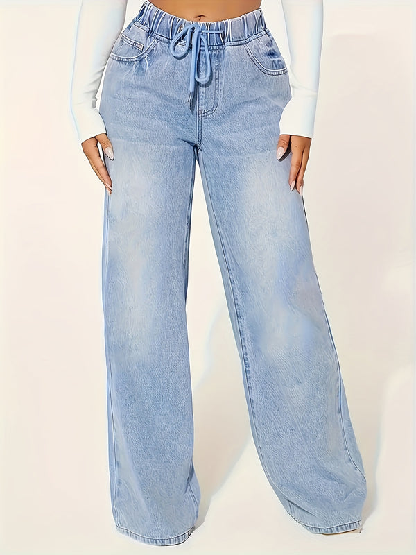 Women’s Drawstring Waist 25AW Elastic Waist Wide-Leg Jeans.
