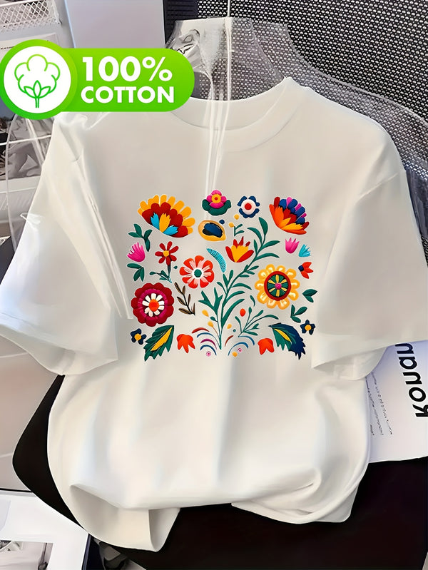 Women’s Casual Short-Sleeve T-Shirt with a Floral Graphic Print.