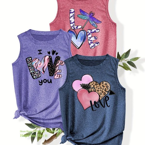 Three-Pack Letter Geometric Heart Tank Tops for Women.