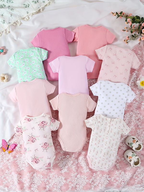 10pcs Set of Girls' Short-Sleeve Spring/Summer Cotton Triangle Bodysuits.