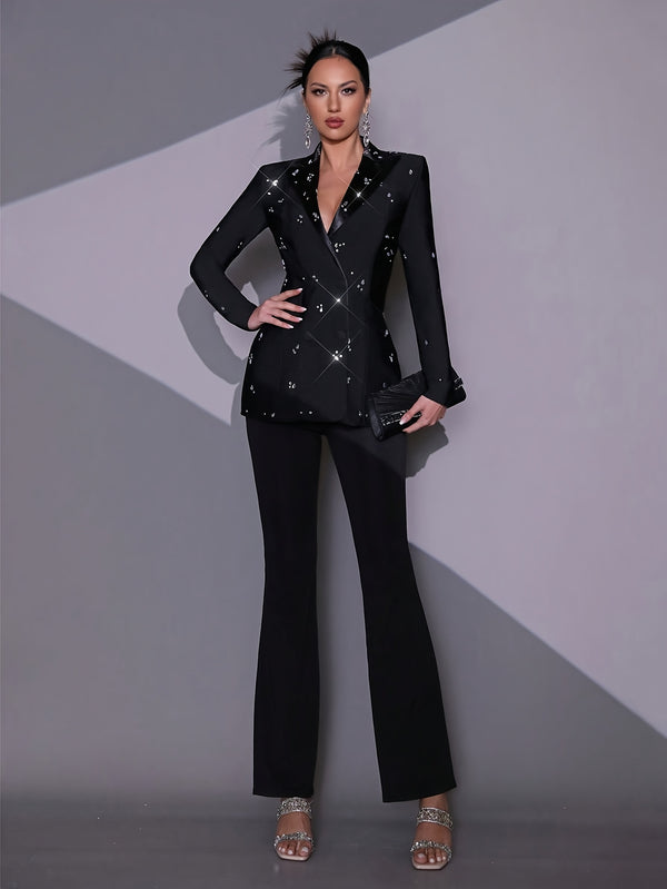 Black Sexy Heavy-Duty Shiny Diamond Long-Sleeve Blazer and Pants for Women.