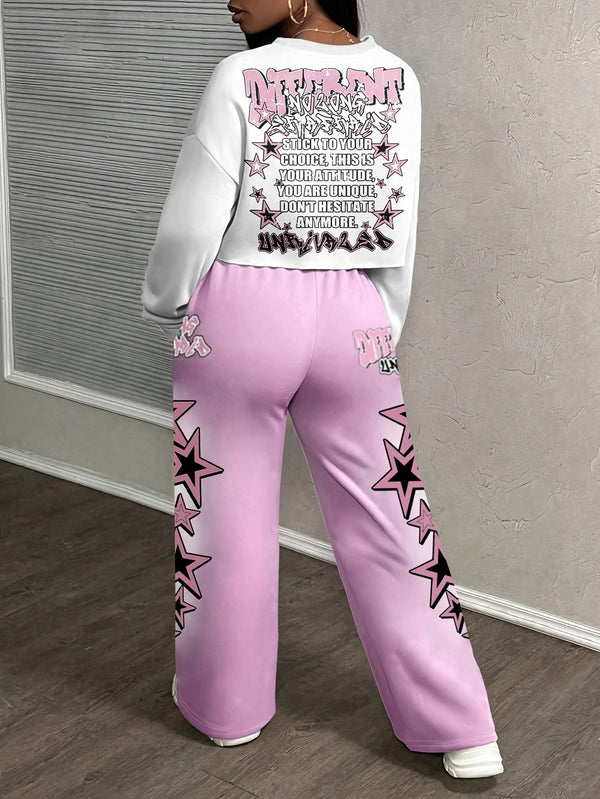 Fashion Women's Long-sleeve Sweatshirt and Pants Set with Star Print.