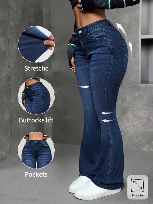 Women’s Fashionable Deep Blue High-Waist Flare Jeans.