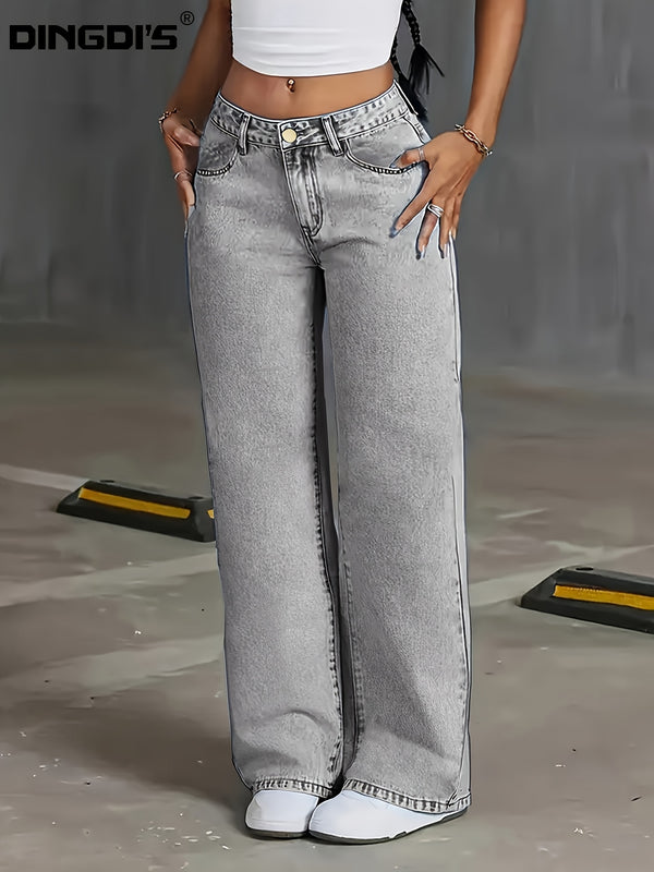 Women's New Stretch Straight Jeans, Wide-leg Jeans with Pockets.
