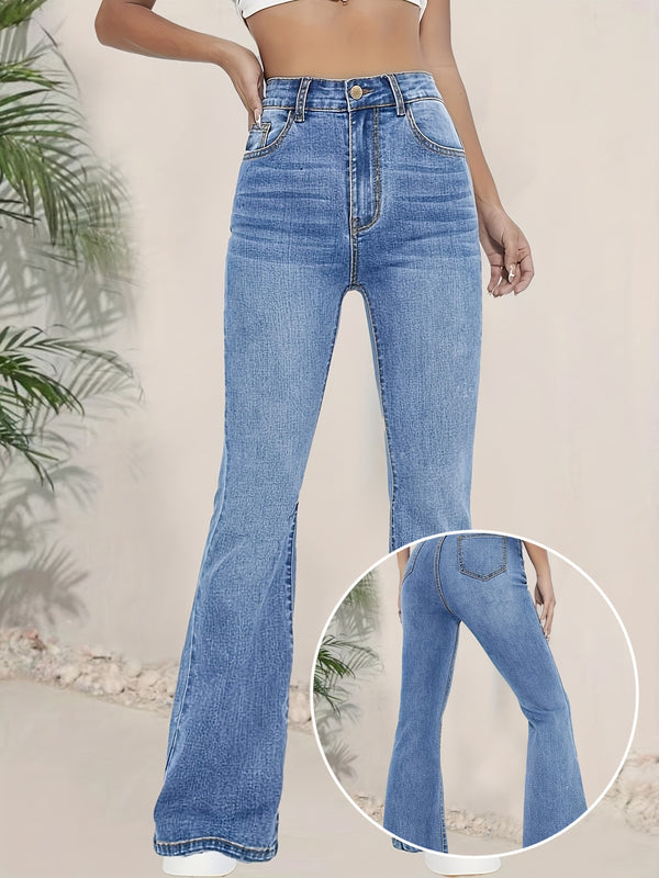 Fashionable And Versatile High-Waisted Stretchy Blue Flared Jeans for Women.