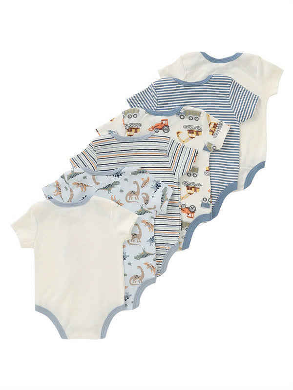6pcs Newborn Baby Romper with Dinosaur and Truck Embroidery.