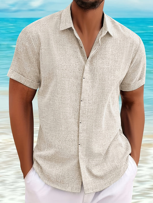 Men's beige short sleeved shirt, unisex collar.