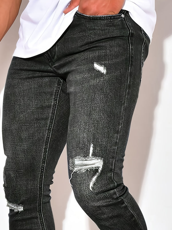 Men's Slim-Fit Jeans - Dark Washed Stretchy Denim with Distressed Details.