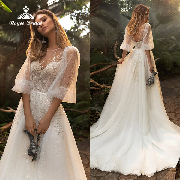 Boho O Neck Short Puff Sleeve Lace Tulle A Line Wedding Dress For Women.