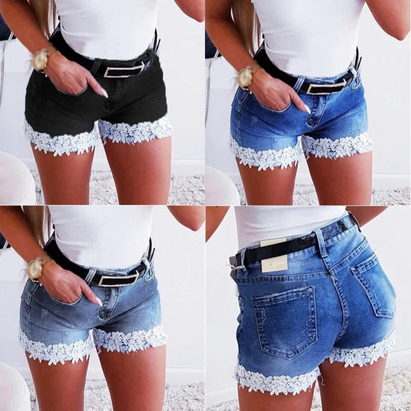 Women Slim Denim Shorts Stretch Lace Stitching Jeans Shorts.