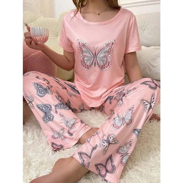 Women's Butterfly Print Pajamas Set Short Sleeve Top And Trousers 2 Piece.