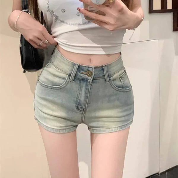 Washed Blue Denim Shorts for Women Korean High Waisted Summer Hot Short.