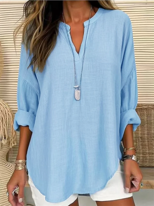Women's Casual Loose Long Sleeve V-Neck T-Shirt Autumn Fashion Elegant Blue Top.