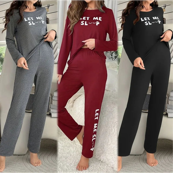 Women's Pajamas Set Letter Long Sleeve Top And Pants Sleepwear 2 Piece.