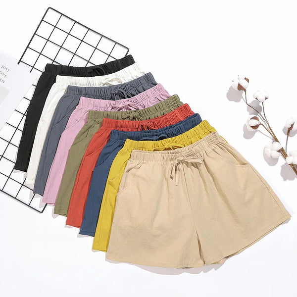 Women Summer Cotton Shorts Casual Solid Pockets Basic Shorts Elastic Waist.