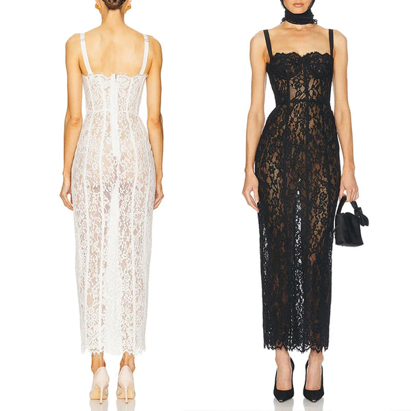 Black Lace Patwork Sleeveless Maxi Dress for Women.