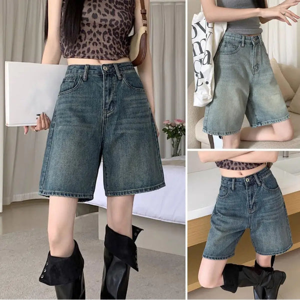 Retro Denim Shorts for Women Summer High Waist Five-point Pants.