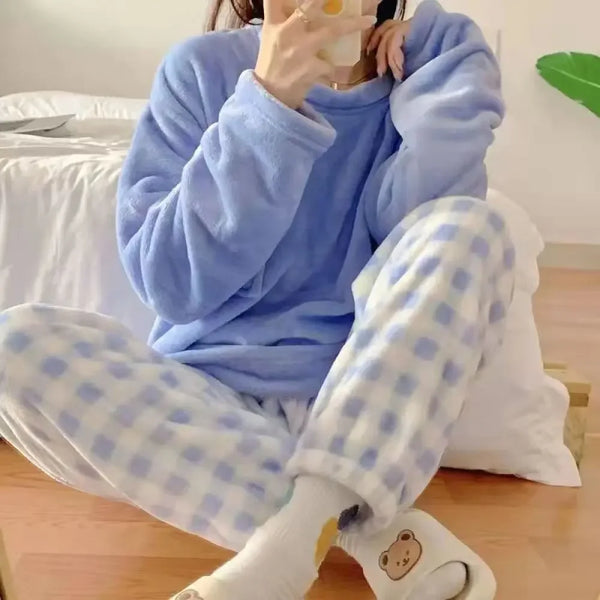 Fleece Thick Warm Women's Pajamas Set Winter Sleepwear Casual Solid.