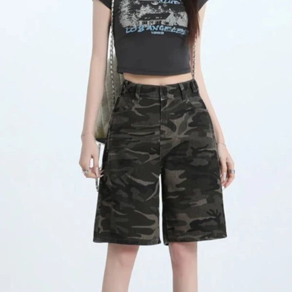 Women's High Waist Loose Straight Leg Camouflage Denim Shorts.