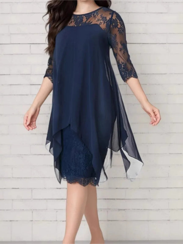 Plus Size Female Dresses Lace Patchwork Asymmetric Hem Loose Waist Three-quarter.