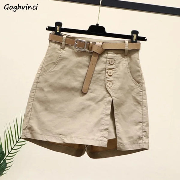 Solid Shorts Women Korean Fashion High Waist Side-slit Button Designed Chic.