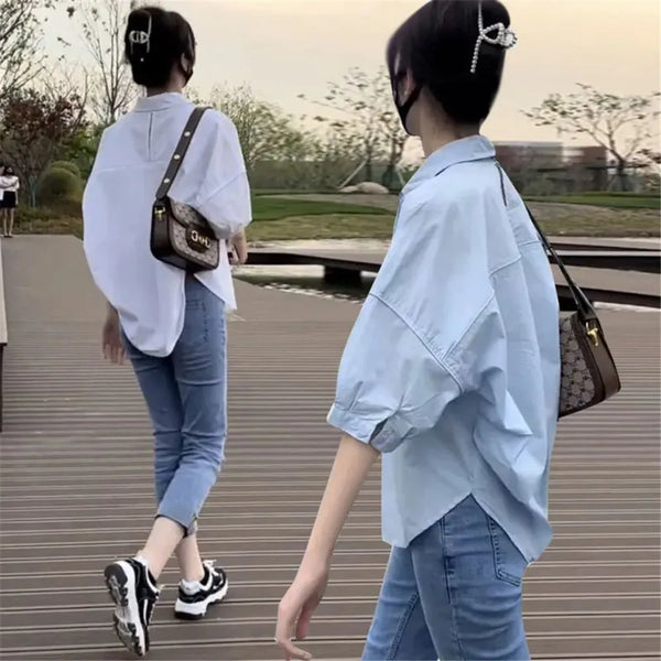 Summer Shirt Women Blouses Mid-sleeve Loose Y2k Chic Clothes.