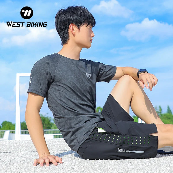 WEST BIKING 3Pcs Sport Sets Men's Short Sleeve T-shirt Loose Shorts.