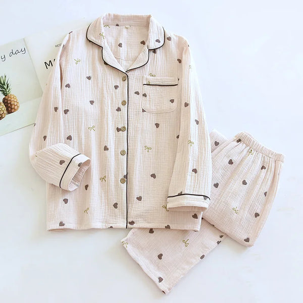 Women's Pajama SetCotton Crepe Cute Love Long Sleeve Long Pants.