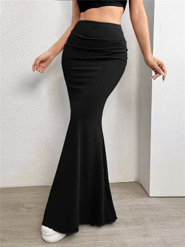 Solid Bodycon Ruched Long Skirt Women Sexy Black Elastic Elegant.