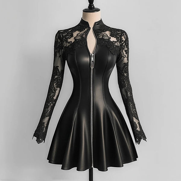 Women’s Fashilonable PU Leather Lace Patchwork Waist-Cinching Dress.