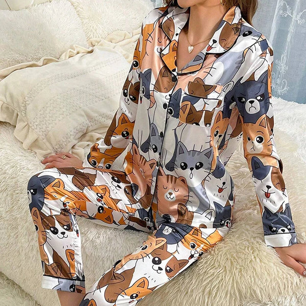 Cute Cat Print Pajama for Women Satin Long Sleeve Lapel Collar Tops & Pants Pyjama.