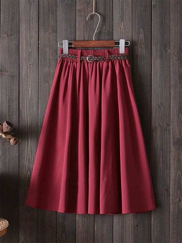 Midi Knee Length Summer Skirt Women With Belt Fashion Korean Ladies.