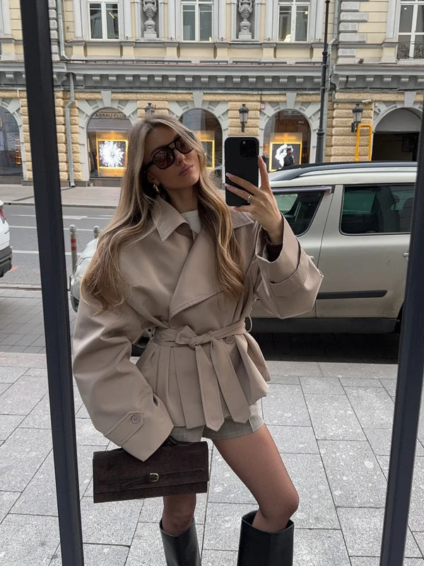Casual Solid Lace Up Short Trench Coat Women Chic Long Sleeve.